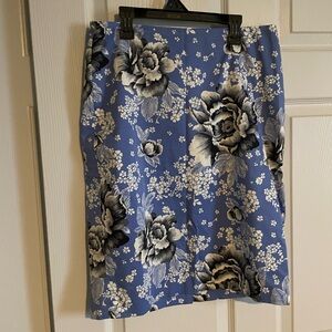 Talbots Blue Floral Pencil Skirt with Black and White Blooms